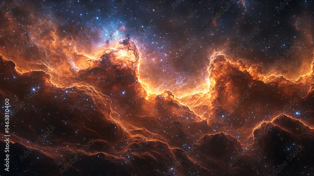 Fiery nebula with orange and blue hues, cosmic dust and stars. Fiery nebula with orange and blue hues, cosmic dust and stars.