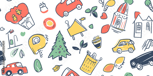 Hand drawn seamless doodle pattern with colorful cars, houses, plants, light bulbs, and various simple objects on white background for children education and preschool design