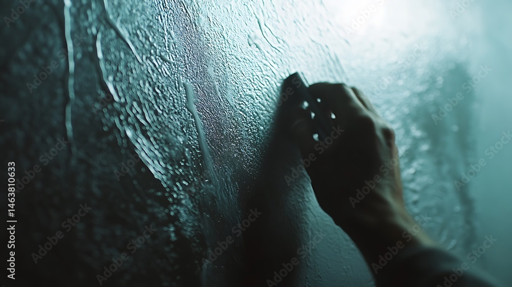 Obraz premium Hand Holding a Smartphone Against a Wet Surface