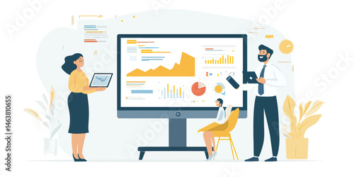 Business people analyzing data analytics charts and graphs on large computer screen in modern office environment teamwork concept flat vector illustration