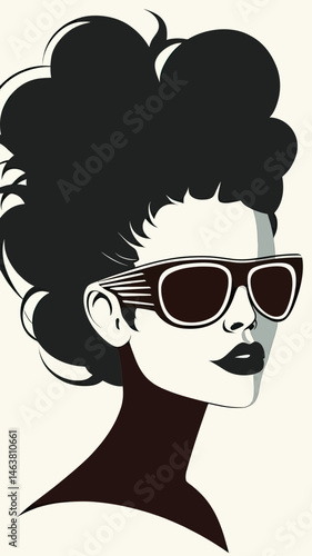 Minimalist vector portrait of woman with voluminous hair wearing oversized sunglasses and dark lipstick in flat style
