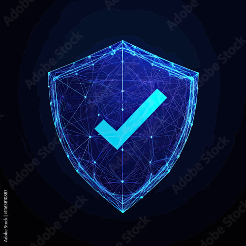 Futuristic digital shield with polygonal wireframe and glowing blue check mark symbol representing security and protection technology concept