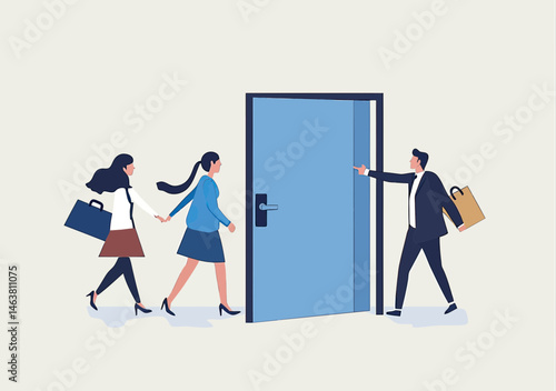 Business people leaving office through exit door, female employees and businessman walking out, company resignation concept in flat minimalist vector style
