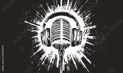 Vintage microphone with headphones grunge style illustration with radiating halftone sunburst background design for music and audio theme