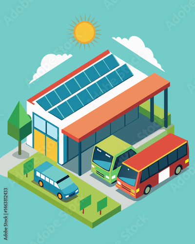 Evolving from a traditional garage to a hightech facility the bus depot now has a solarpowered fueling station for its ecofriendly buses.. Vector illustration