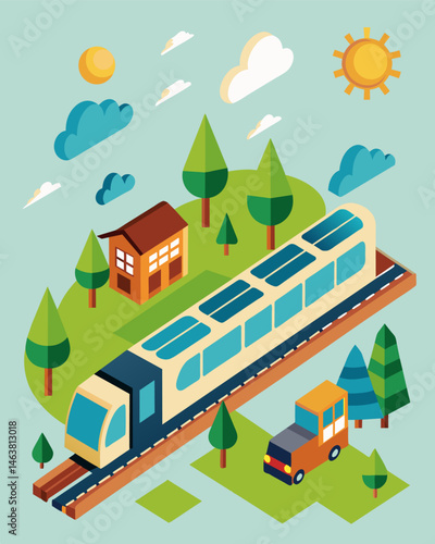 The solarpowered railway not only transported passengers but also contributed to the local community with excess energy being channeled into nearby homes and businesses.. Vector illustration