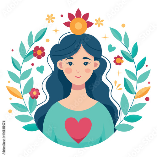 Woman with heart and flower wreath. Self-love, acceptance and care for mental health. Psychology concept. Calm emotion, trust, empathy and hope. Flat vector illustration isolated on white background