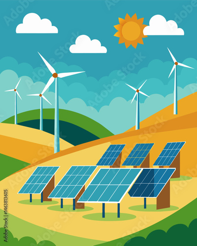 As the wind gently tousled the panels surfaces the solar farm danced in a mesmerizing display of clean energy production.. Vector illustration
