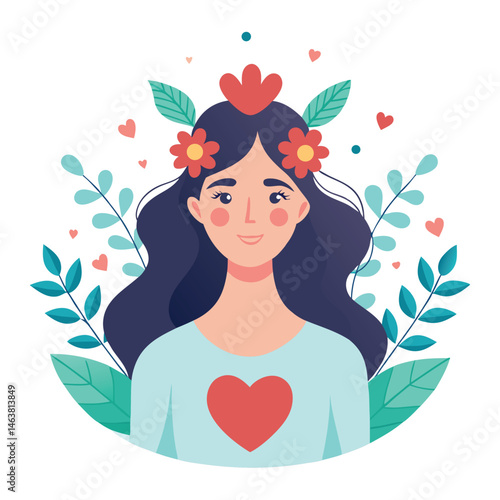 Woman with heart and flower wreath. Self-love, acceptance and care for mental health. Psychology concept. Calm emotion, trust, empathy and hope. Flat vector illustration isolated on white background
