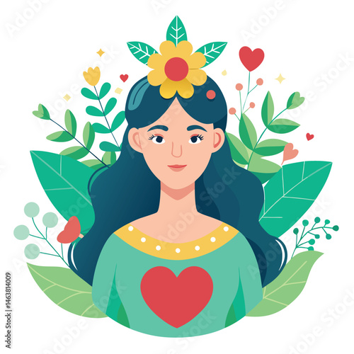 Woman with heart and flower wreath. Self-love, acceptance and care for mental health. Psychology concept. Calm emotion, trust, empathy and hope. Flat vector illustration isolated on white background