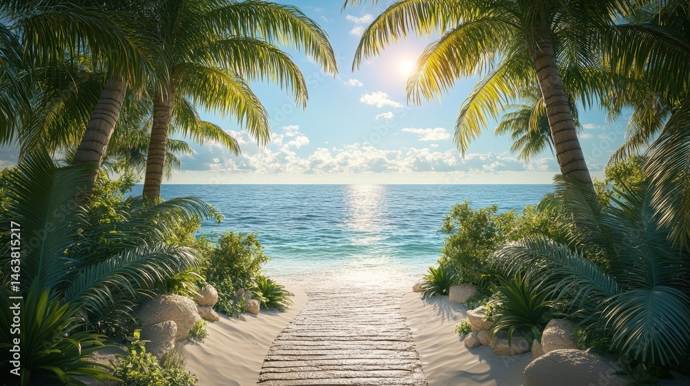 Fototapeta premium Road lined in Palm Trees,coastal boulevard lined with tall palms on the beach,Beach paradise,Summer beach vibes,Holliday road trip by vehicle.