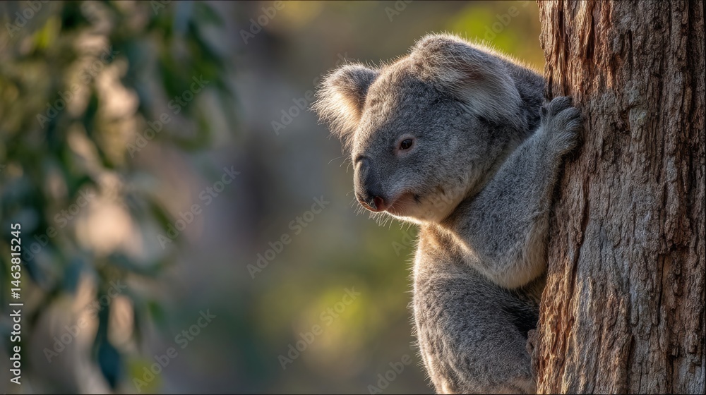 Naklejka premium Adorable koala clinging to a tree trunk in a serene natural setting captured during the golden hour of sunlight
