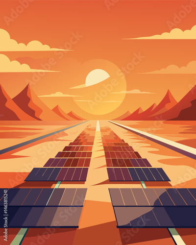 In the middle of the dusty desert a massive solar farm could be seen its reflective panels reflecting the harsh rays of the sun.. Vector illustration