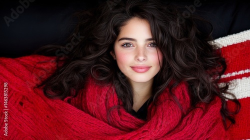 Young woman with long, dark hair wrapped in a vibrant red scarf