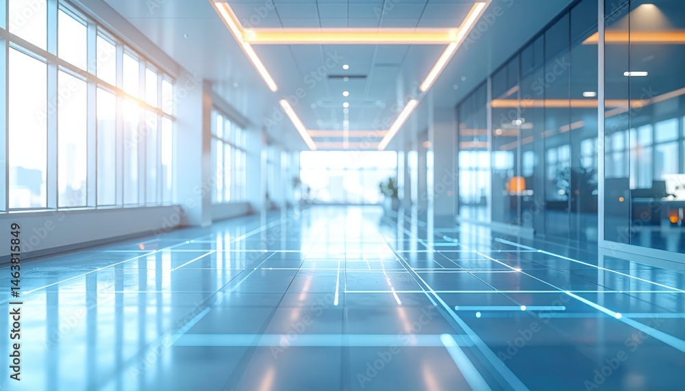 A modern, bright hallway with large windows and sleek flooring, showcasing a futuristic design illuminated by warm lighting A modern, bright hallway with large windows and sleek flooring, showcasing a futuristic design illuminated by warm lighting