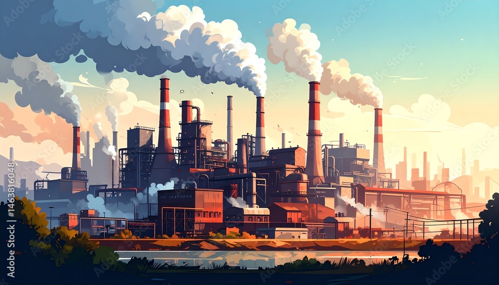Fototapeta premium A vibrant industrial landscape featuring factories with smokestacks emitting vapor against a colorful sky