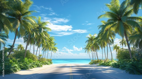 Road lined in Palm Trees,coastal boulevard lined with tall palms on the beach,Beach paradise,Summer beach vibes,Holliday road trip by vehicle.