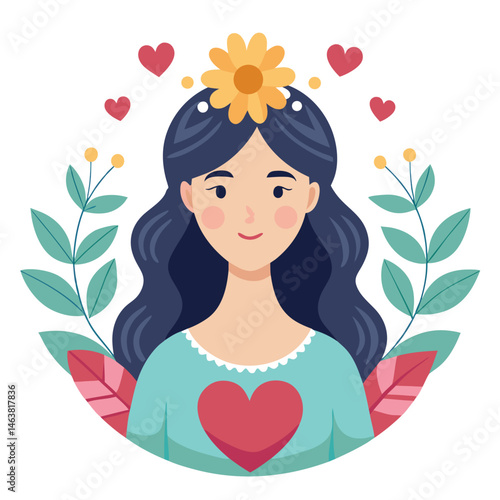 Woman with heart and flower wreath. Self-love, acceptance and care for mental health. Psychology concept. Calm emotion, trust, empathy and hope. Flat vector illustration isolated on white background