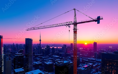 Sunrise cityscape construction crane