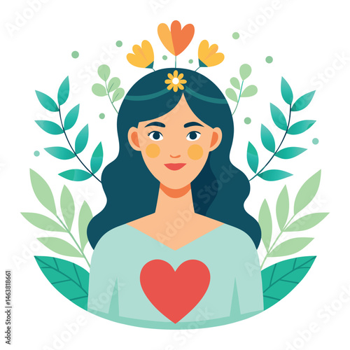 Woman with heart and flower wreath. Self-love, acceptance and care for mental health. Psychology concept. Calm emotion, trust, empathy and hope. Flat vector illustration isolated on white background