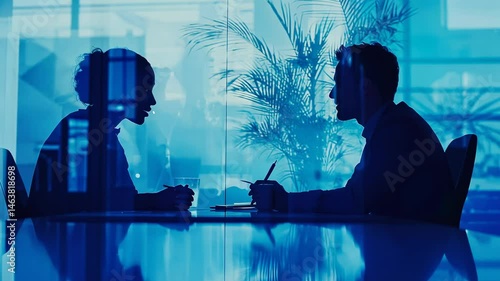 Intense business meeting between a man and a woman in an office setting