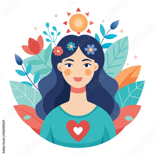Woman with heart and flower wreath. Self-love, acceptance and care for mental health. Psychology concept. Calm emotion, trust, empathy and hope. Flat vector illustration isolated on white background