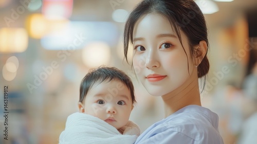 Newborn baby in hospital with nurse,nurse standing in maternity ward and holding newborn baby in her arms,After birth concept,clinic setting,Healthcare.
