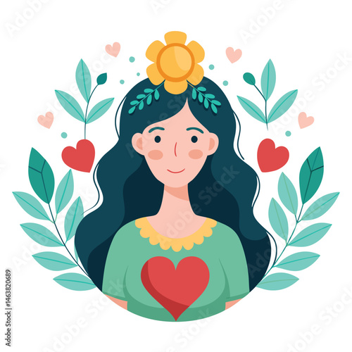 Woman with heart and flower wreath. Self-love, acceptance and care for mental health. Psychology concept. Calm emotion, trust, empathy and hope. Flat vector illustration isolated on white background