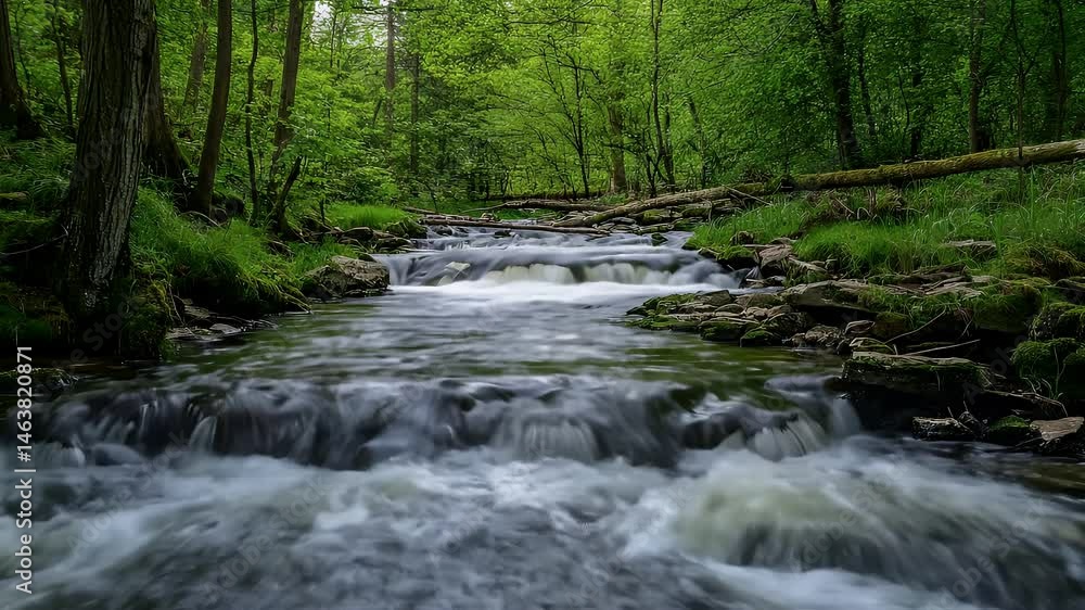 Lush Green Forest Stream Flowing Over Rocks Under Sunlight Cascade in Tranquil Woods Lush Green Forest Stream Flowing Over Rocks Under Sunlight Cascade in Tranquil Woods
