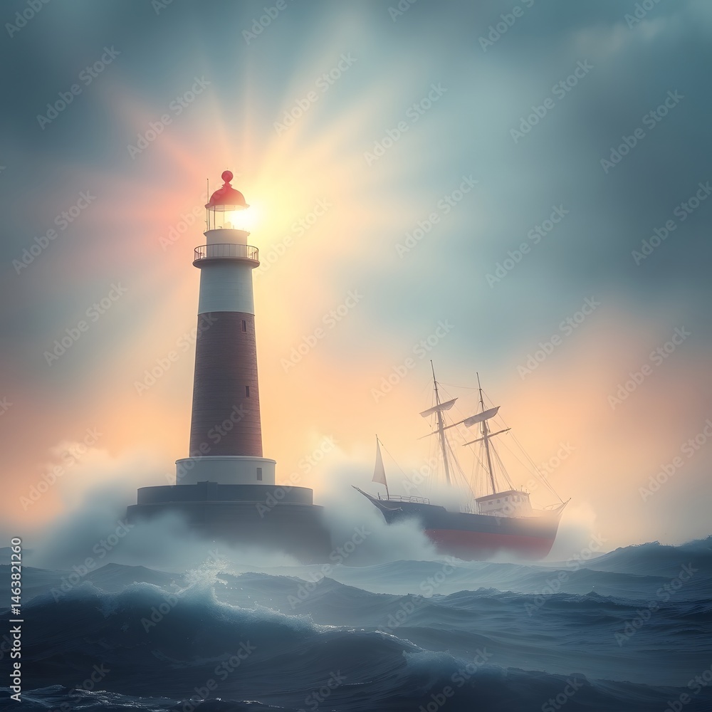 custom made wallpaper toronto digitalA dreamy 3D rendering depicting a lighthouse on a stormy island with a sailing ship and high waves, bathed in soft light with a hazy atmosphere art illustration design