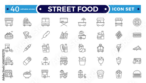 Fast food related line icon set. Street food linear icons. Burger, hotdog and sandwich outline icon. Editable stroke outline icon.
