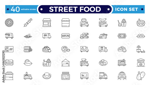 Fast food related line icon set. Street food linear icons. Burger, hotdog and sandwich outline icon. Editable stroke outline icon.
