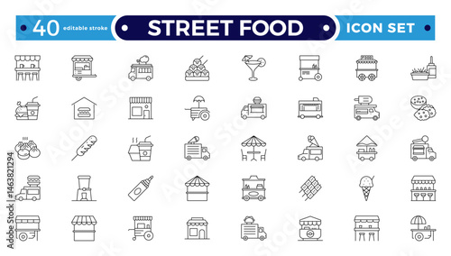 Fast food related line icon set. Street food linear icons. Burger, hotdog and sandwich outline icon. Editable stroke outline icon.
