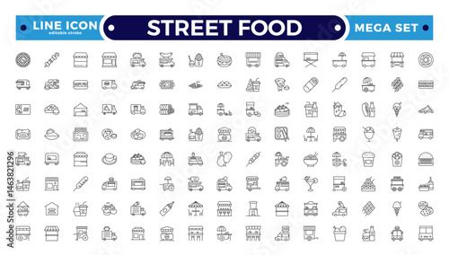 Fast food related line icon set. Street food linear icons. Burger, hotdog and sandwich outline icon. Editable stroke outline icon.
