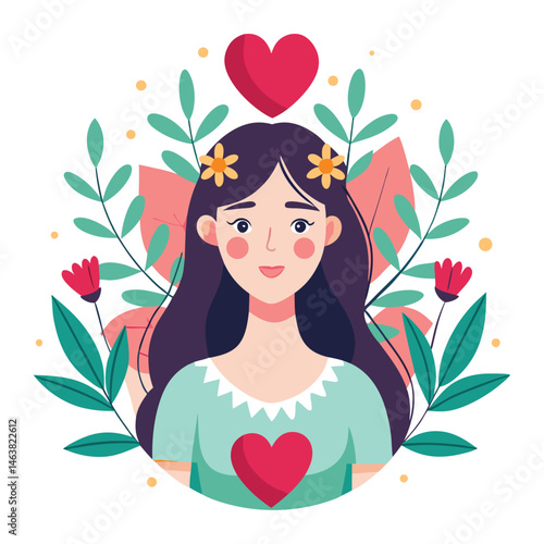 Woman with heart and flower wreath. Self-love, acceptance and care for mental health. Psychology concept. Calm emotion, trust, empathy and hope. Flat vector illustration isolated on white background