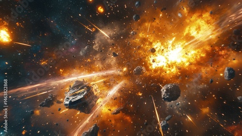 Fototapeta Naklejka Na Ścianę i Meble -  Dramatic cosmic scene depicting a spaceship navigating through an explosive asteroid field in space