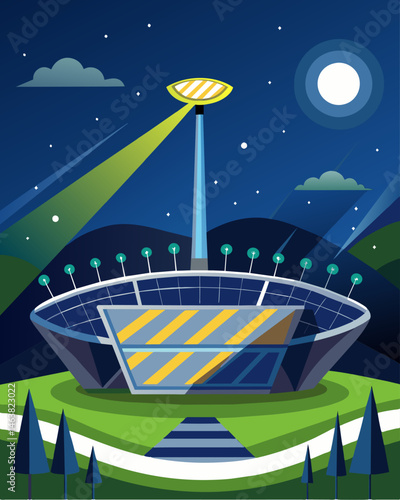 The stadium was a shining beacon in the night powered solely by the suns renewable energy and reducing the carbon footprint of the sporting event.. Vector illustration