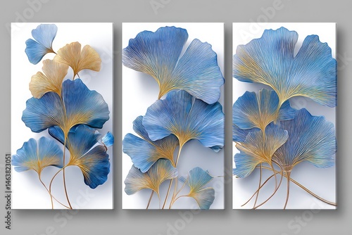 Abstract artwork of blue and gold ginkgo leaves in a triptych.