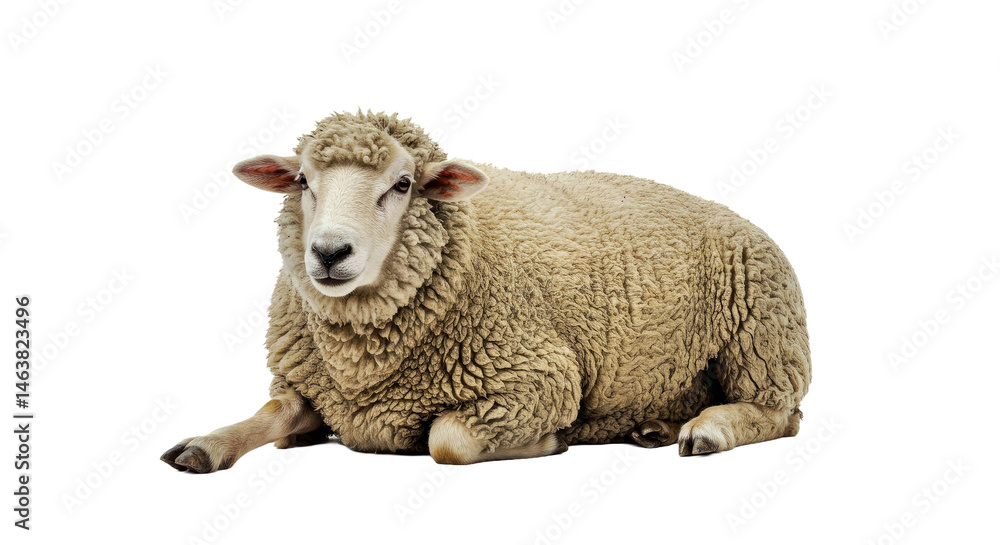 Full body of a resting Merino sheep with a thick, luxurious wool coat and serene facial expression, lying down peacefully. Isolated on white. Fine wool breed. Full body of a resting Merino sheep with a thick, luxurious wool coat and serene facial expression, lying down peacefully. Isolated on white. Fine wool breed.