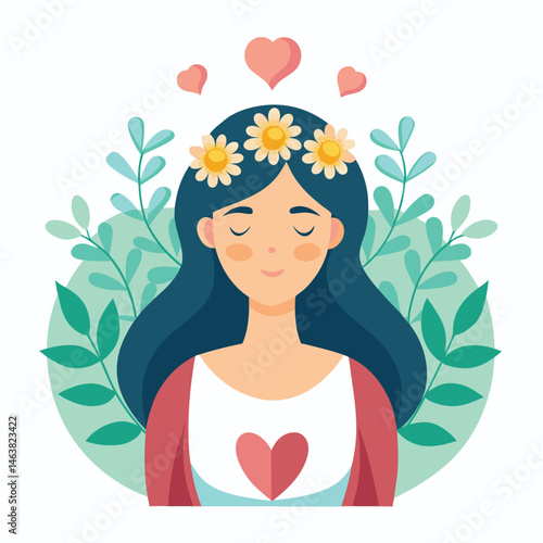 Woman with heart and flower wreath. Self-love, acceptance and care for mental health. Psychology concept. Calm emotion, trust, empathy and hope. Flat vector illustration isolated on white background