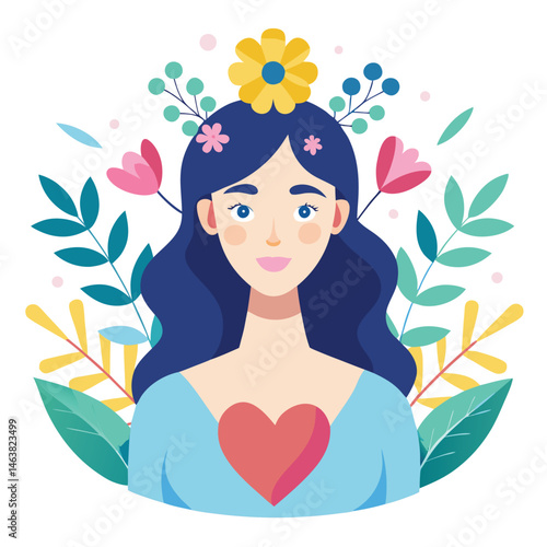 Woman with heart and flower wreath. Self-love, acceptance and care for mental health. Psychology concept. Calm emotion, trust, empathy and hope. Flat vector illustration isolated on white background