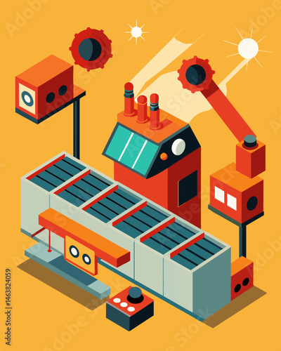 The loud hum of machines fills the room as solar cells are precisely and shaped into their designated sizes.. Vector illustration