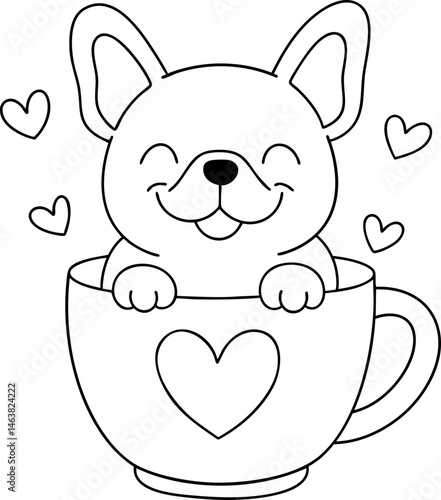 Cute French bulldog in cup with hearts, radiating joy and warmth