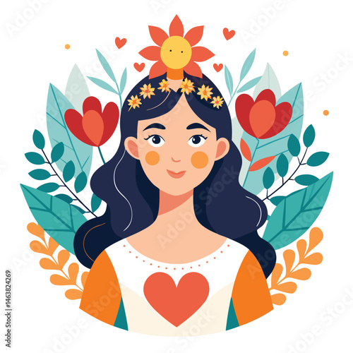 Woman with heart and flower wreath. Self-love, acceptance and care for mental health. Psychology concept. Calm emotion, trust, empathy and hope. Flat vector illustration isolated on white background