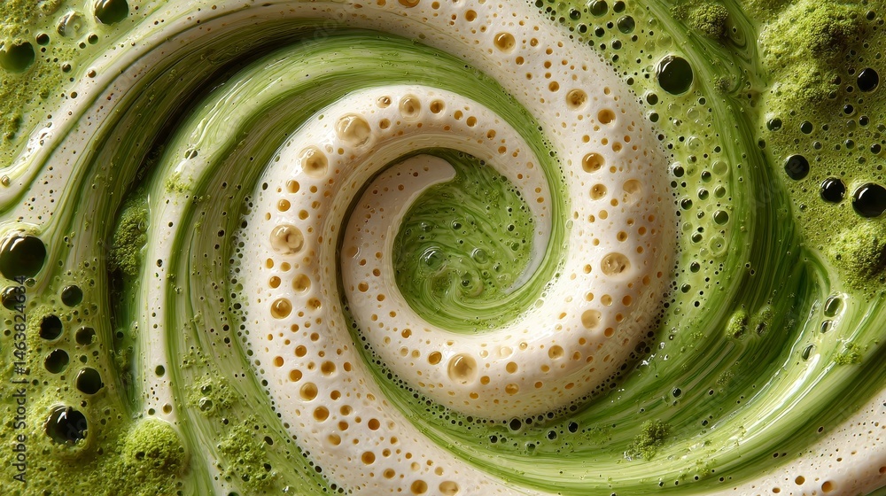 Top-down macro view of creamy matcha and milk swirling into spiral pattern in clear glass with soft bubbles and foam details on a clean white background. Smooth texture and minimal aesthetic concept.