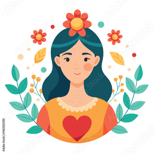 Woman with heart and flower wreath. Self-love, acceptance and care for mental health. Psychology concept. Calm emotion, trust, empathy and hope. Flat vector illustration isolated on white background