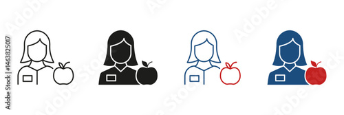 Dietitian Line and Solid Icon Set. Nutrition Specialist with Apple Representing Healthy Eating Symbol Collection. Health Expert with Fruit. Isolated Vector Illustration