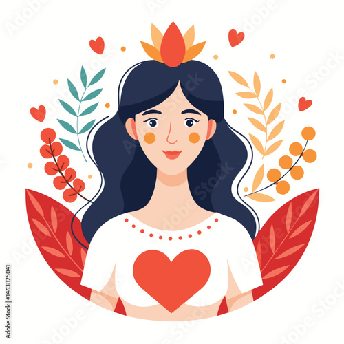 Woman with heart and flower wreath. Self-love, acceptance and care for mental health. Psychology concept. Calm emotion, trust, empathy and hope. Flat vector illustration isolated on white background