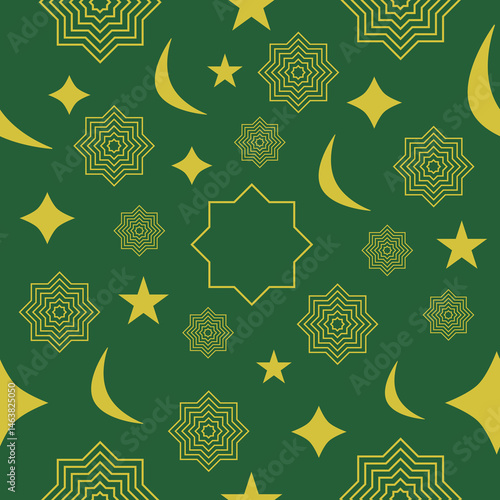 Islamic Geometric Seamless Pattern with Stars and Crescent Moons. Islamic seamless pattern with geometric stars and crescent moons on a green background, ideal for Ramadan or Eid themes.