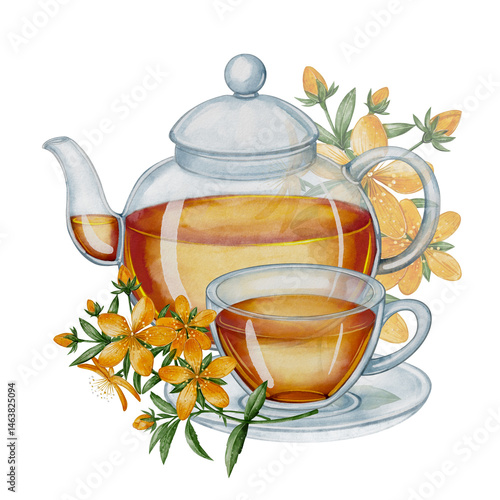 Fényképezés Watercolor image of a glass teapot and a cup of fragrant tea, decorated with St